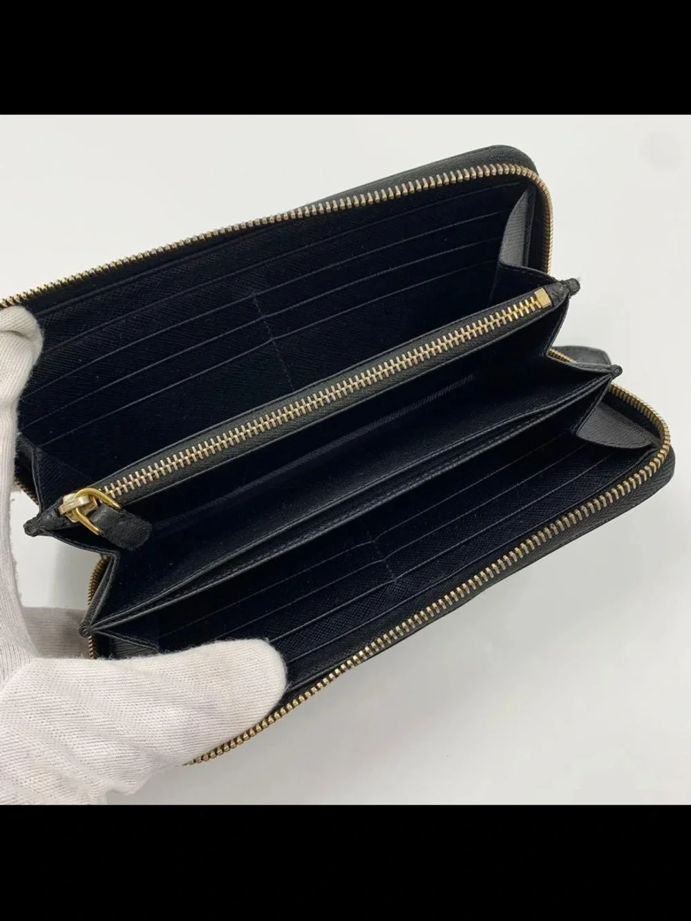 Prada Black Saffiano Zip Wallet with Gold Logo